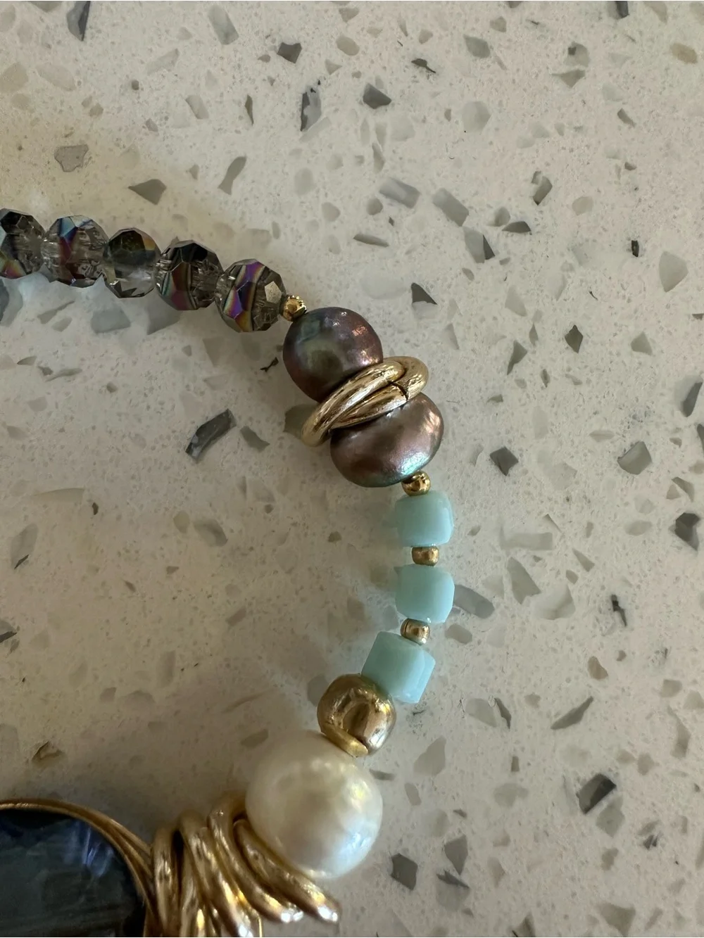 Handmade Gold & Blue Glass Bead Statement Bracelet with Aqua Accents and pearls - Picture 2 of 6